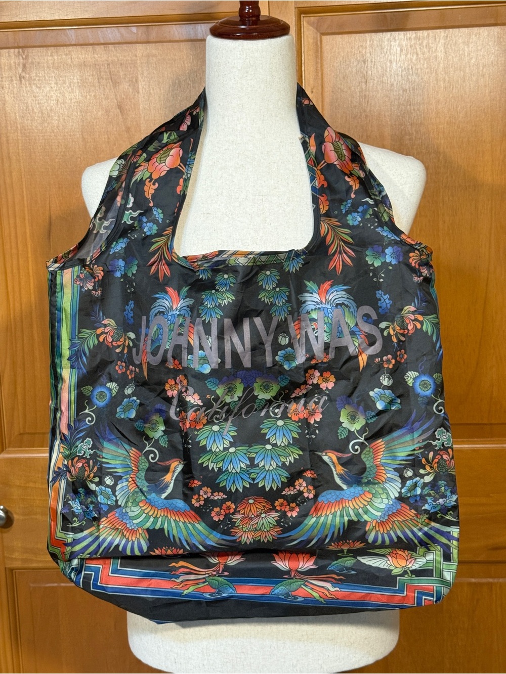 Johnny Was Black Floral & Phoenix Bird-Print Reusable Nylon Tote Bag